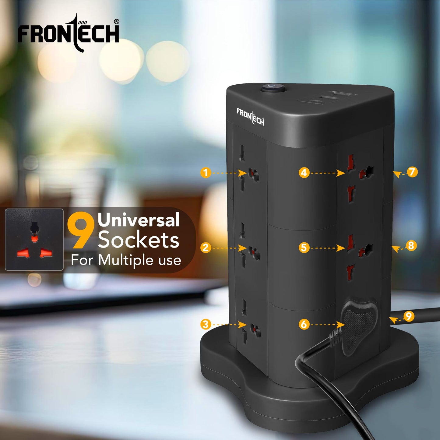 Frontech Power Tower | 9 Universal Sockets | 2 USB Ports + 1 Type-C | 5m Cable | 2500W Load | Child Safety Shutter | Vertical Multi-Plug Extension Board (FT-3564)