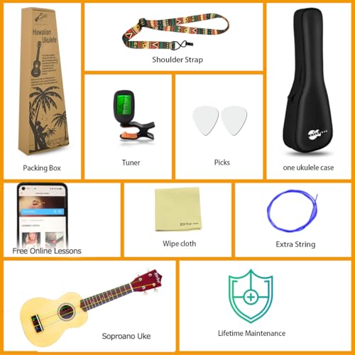 Everjoys Ukulele Soprano Pacote para iniciantes - 53 cm com cordão arco-íris bolsa de aula online gratuita para afinador digital, kit tudo em um