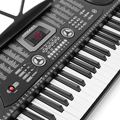 Hamzer Teclado eletrônico de música de órgão elétrico de piano com 61 teclas com suporte, microfone e folha de adesivos - preto