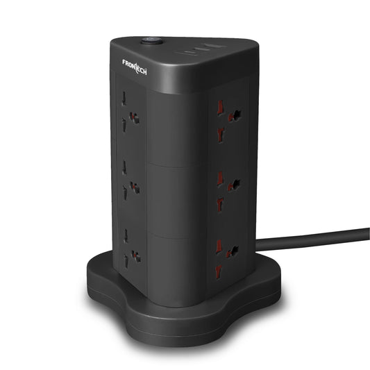 Frontech Power Tower | 9 Universal Sockets | 2 USB Ports + 1 Type-C | 5m Cable | 2500W Load | Child Safety Shutter | Vertical Multi-Plug Extension Board (FT-3564)