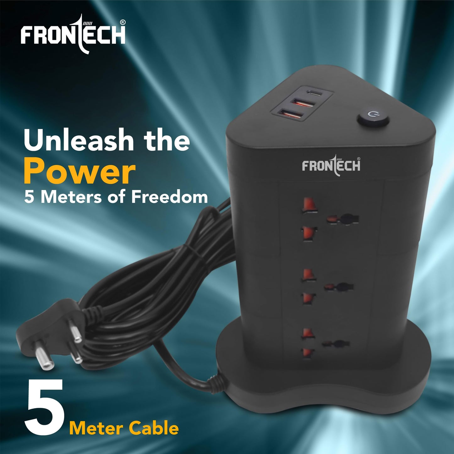 Frontech Power Tower | 9 Universal Sockets | 2 USB Ports + 1 Type-C | 5m Cable | 2500W Load | Child Safety Shutter | Vertical Multi-Plug Extension Board (FT-3564)