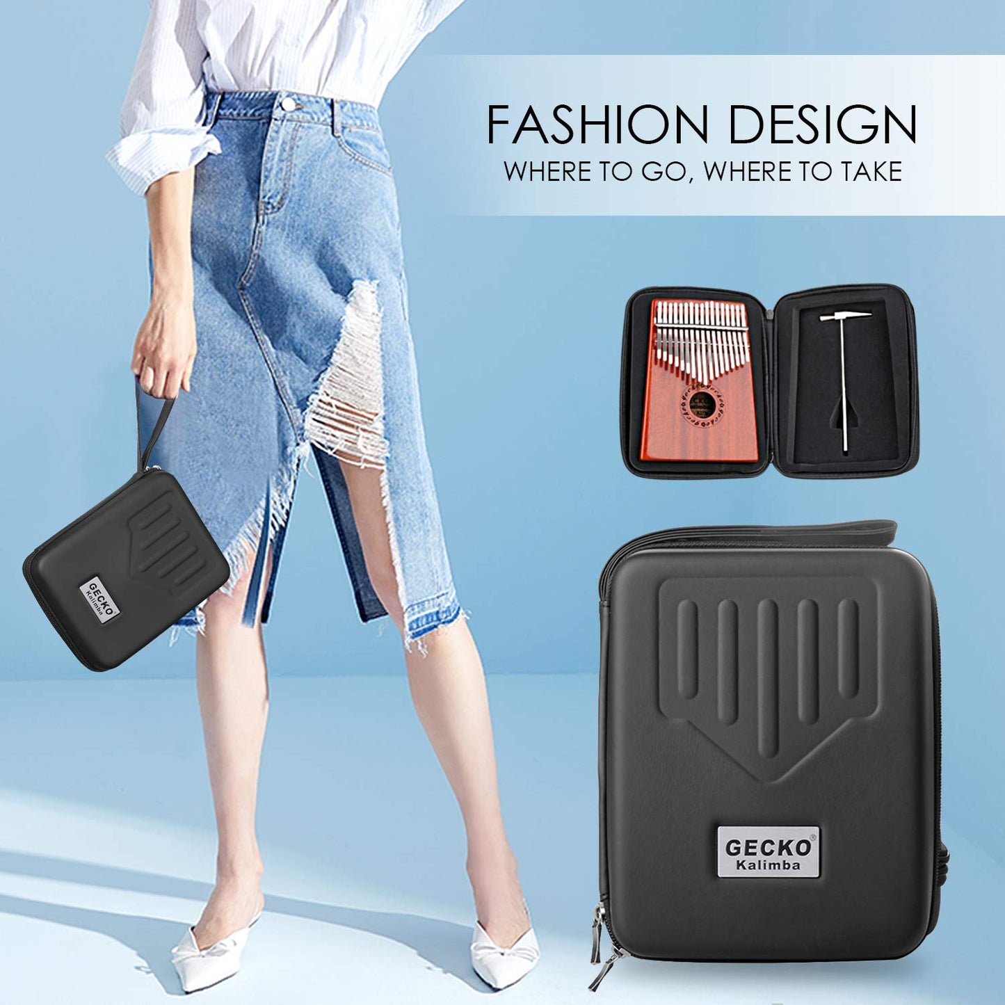 GECKO Kalimba Piano de polegar de 17 teclas com caixa protetora à prova d'água, martelo de afinação e instruções de estudo, piano portátil Mbira Sanza, som de meditação, presente para iniciantes e