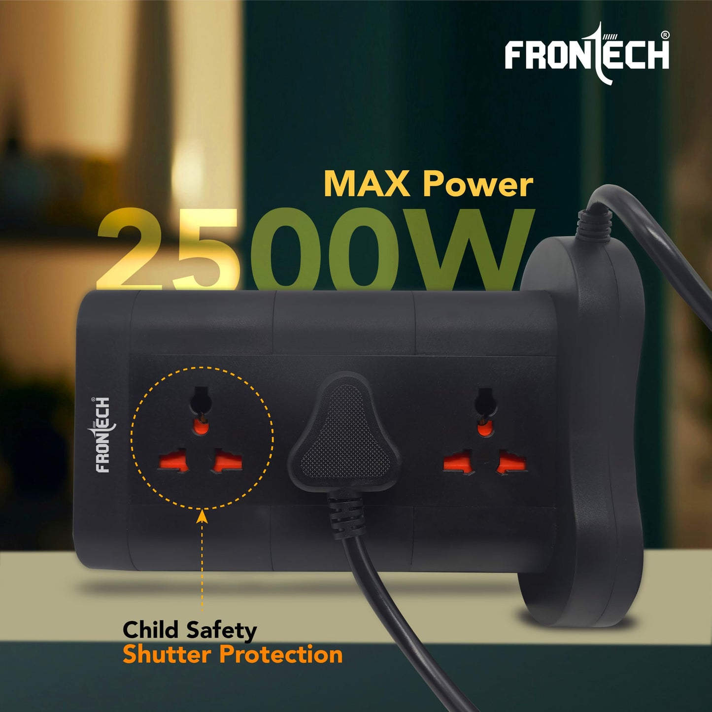 Frontech Power Tower | 9 Universal Sockets | 2 USB Ports + 1 Type-C | 5m Cable | 2500W Load | Child Safety Shutter | Vertical Multi-Plug Extension Board (FT-3564)