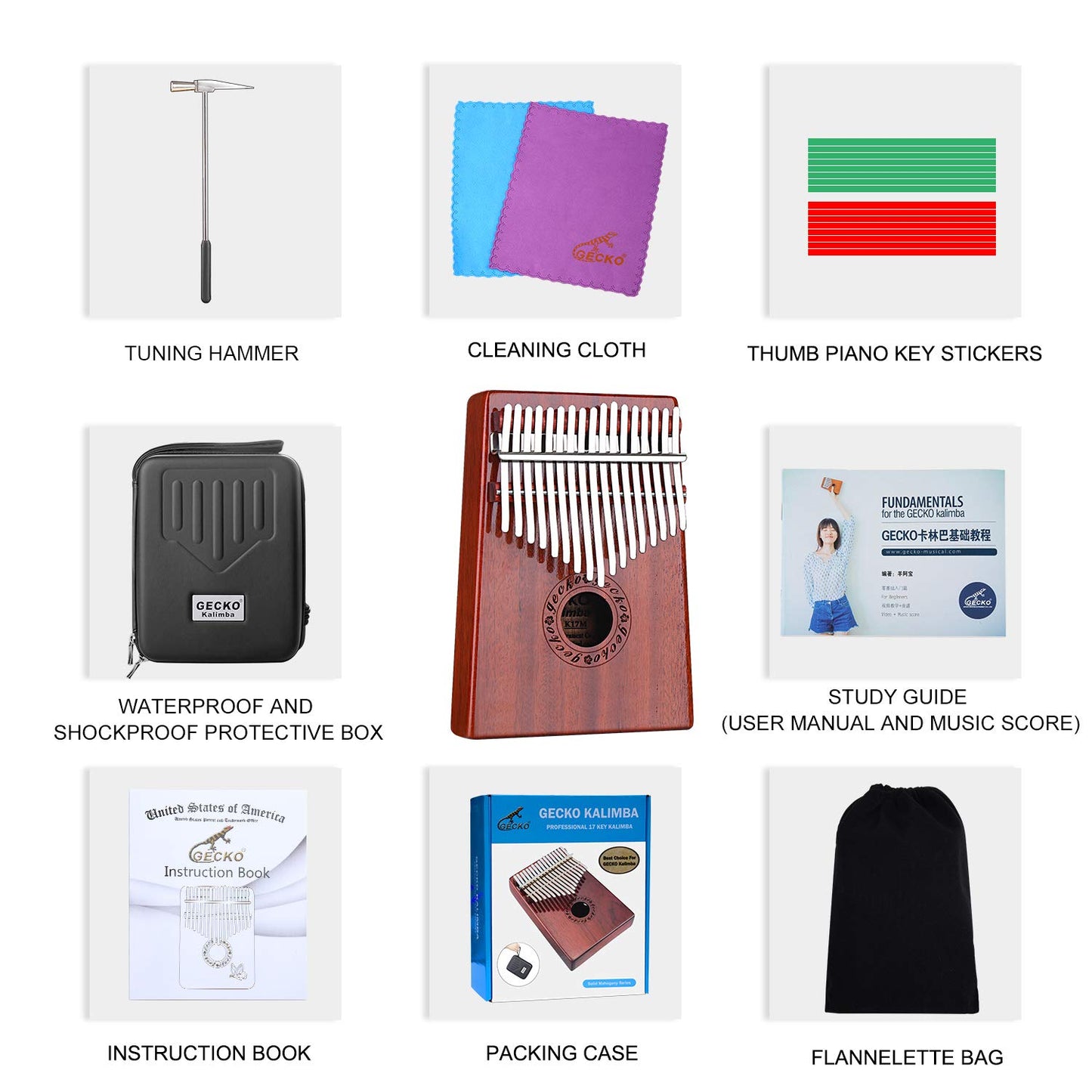 GECKO Kalimba Piano de polegar de 17 teclas com caixa protetora à prova d'água, martelo de afinação e instruções de estudo, piano portátil Mbira Sanza, som de meditação, presente para iniciantes e