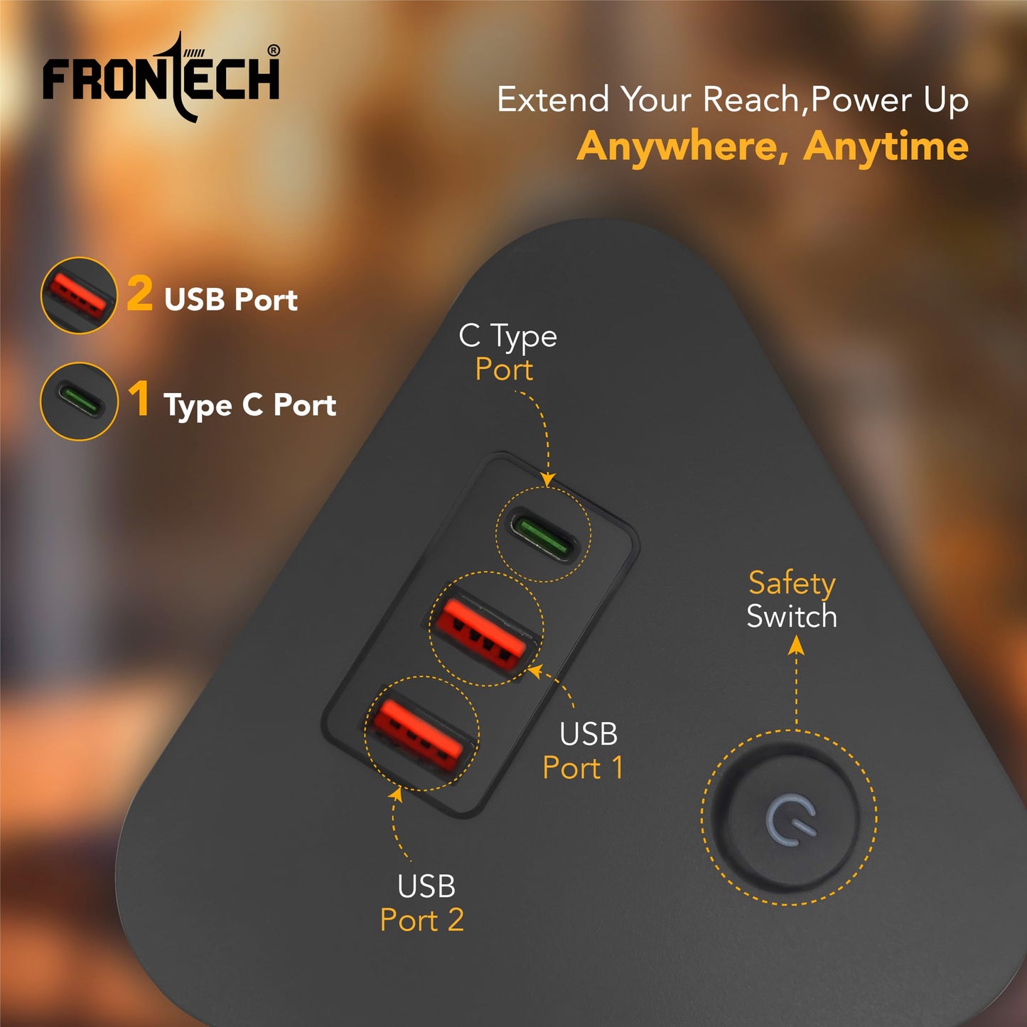 Frontech Power Tower | 9 Universal Sockets | 2 USB Ports + 1 Type-C | 5m Cable | 2500W Load | Child Safety Shutter | Vertical Multi-Plug Extension Board (FT-3564)