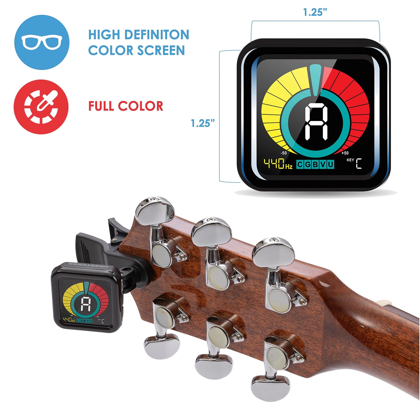 KLIQ UberTuner - afinador profissional com clip para todos os instrumentos (modos multi-teclas) - com modos de afinação guitarra, ukulele, violino, baixo e cromático (também para bandolim e banjo)