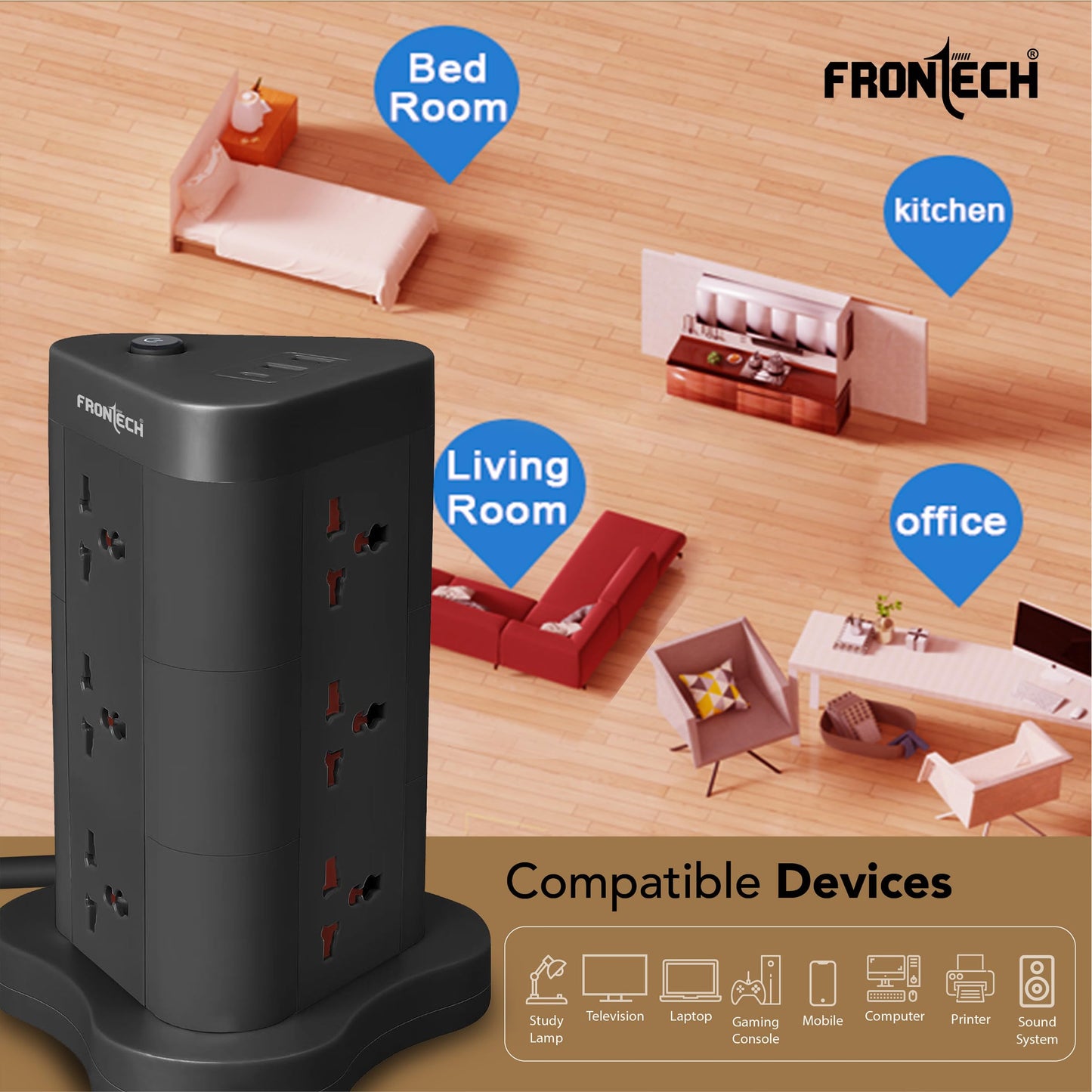 Frontech Power Tower | 9 Universal Sockets | 2 USB Ports + 1 Type-C | 5m Cable | 2500W Load | Child Safety Shutter | Vertical Multi-Plug Extension Board (FT-3564)