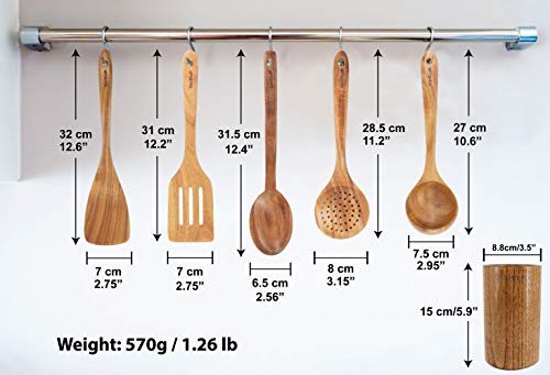 Acacia Wooden Utensils Set 6 Pcs by StarBlue - Non-Scratching, Durable and Natural Spatulas for Nonstick Cookware with Holder