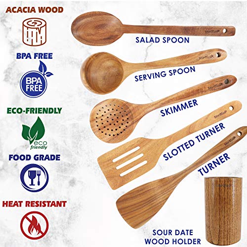 Acacia Wooden Utensils Set 6 Pcs by StarBlue - Non-Scratching, Durable and Natural Spatulas for Nonstick Cookware with Holder