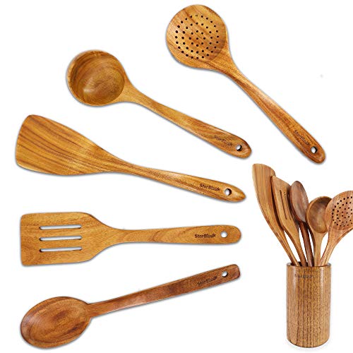 Acacia Wooden Utensils Set 6 Pcs by StarBlue - Non-Scratching, Durable and Natural Spatulas for Nonstick Cookware with Holder