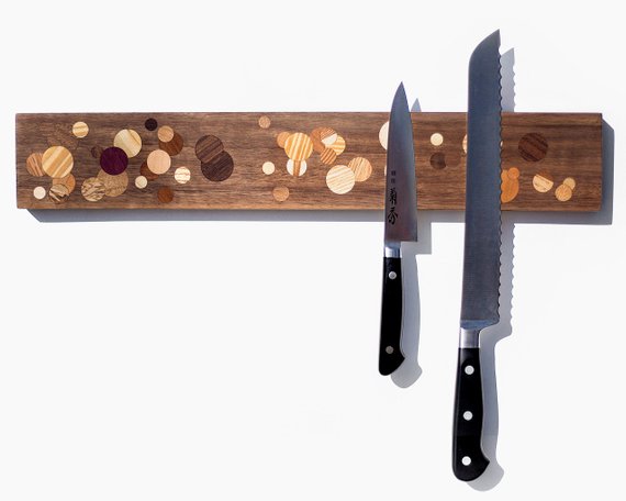 Multi Color Polka Dot Inlay Walnut Wall Mounted Magnetic Knife Holder